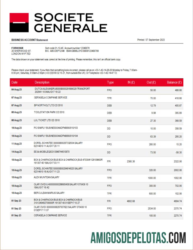 Em branco Societe Generale Bank Firm modelo de extrato de conta Word e PDF